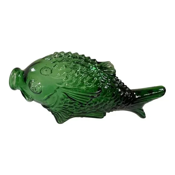 MCM Barware Green Glass Fish Bottle Decanter Bidders Whiskey Bottle Decor Retro